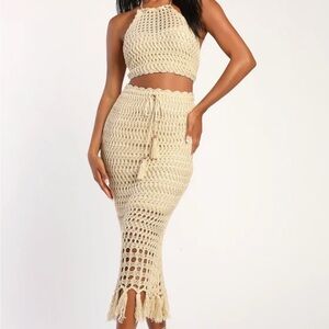 NWOT Lulu's Knit the Beach Beige Crochet Halter Two-Piece Midi Skirt Set